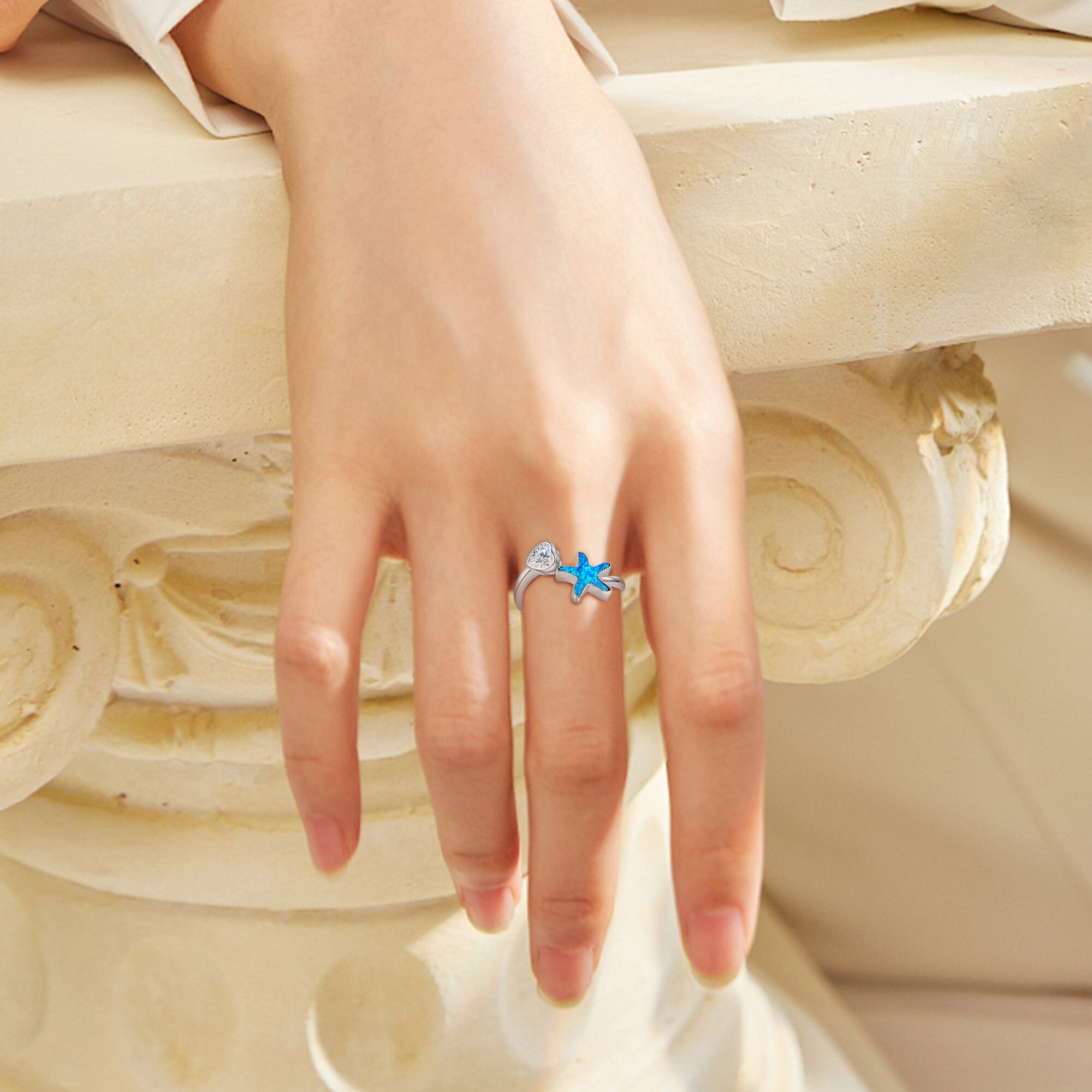 Starfish Ring Sterling Silver Opal Ocean Starfish Jewelry